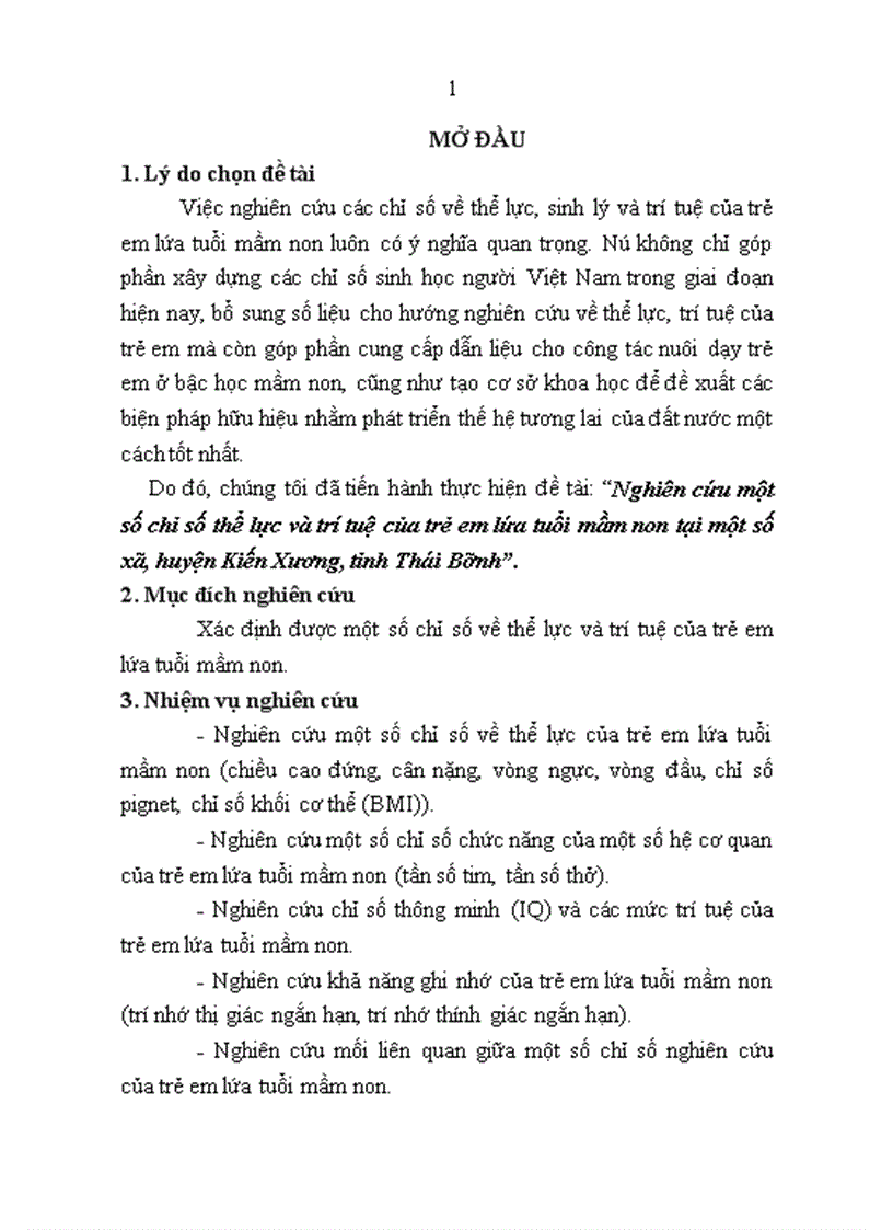 Nghiên cứu một số chỉ số thể lực và trí tuệ của trẻ em lứa tuổi mầm non tại một số xã huyện Kiến Xương tỉnh Thái Bình 1
