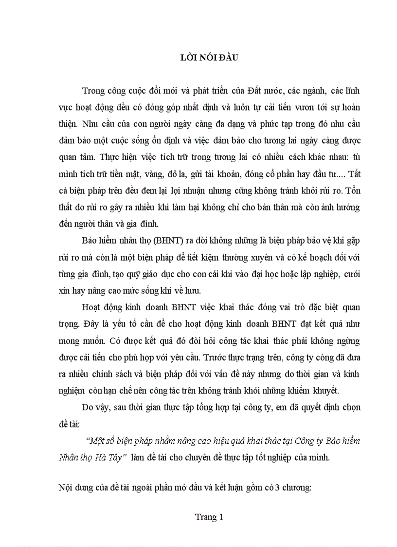 Một số biện pháp nhằm nâng cao hiệu quả khai thác tại Công ty Bảo hiểm Nhân thọ Hà Tây 1