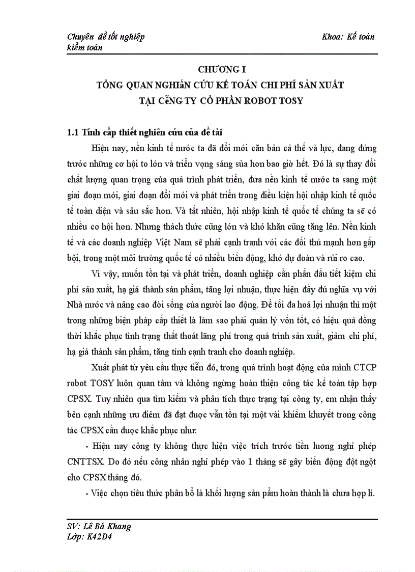 Kế toán chi phí sản xuất Đĩa bay Tosy tại Công ty Cổ phần Robot TOSY 1