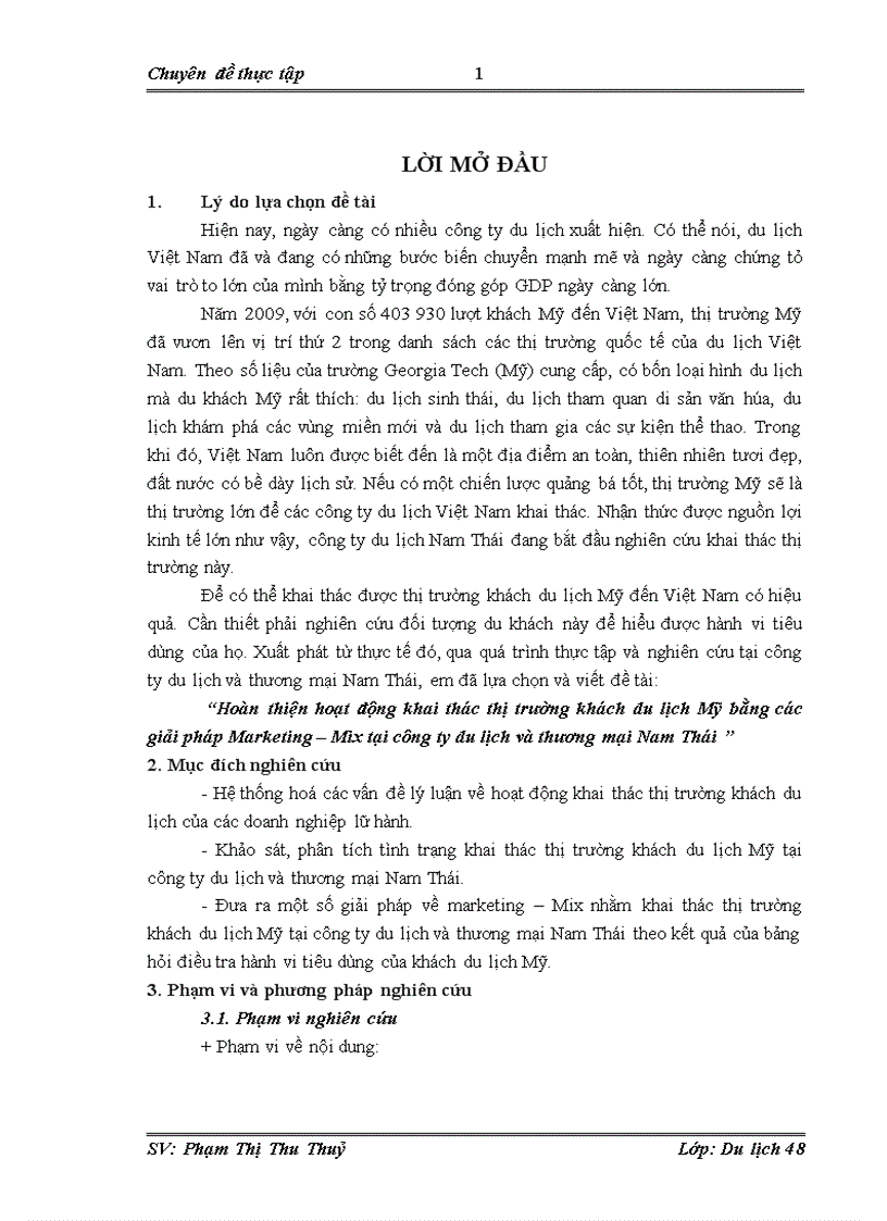 Hoàn thiện hoạt động khai thác thị trường khách du lịch Mỹ bằng các giải pháp Marketing Mix tại công ty du lịch và thương mại Nam Thái