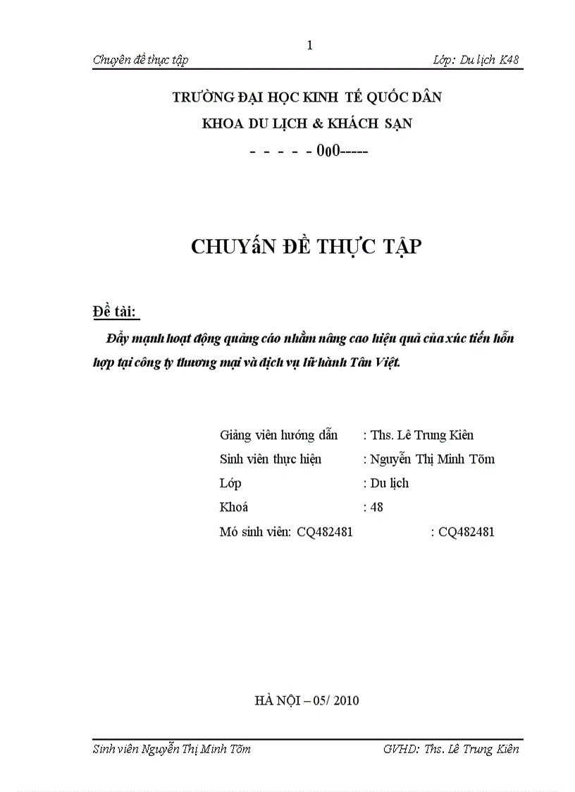 Đẩy mạnh hoạt động quảng cáo nhằm nâng cao hiệu quả của xúc tiến hỗn hợp tại công ty thương mại và dịch vụ lữ hành Tân Việt