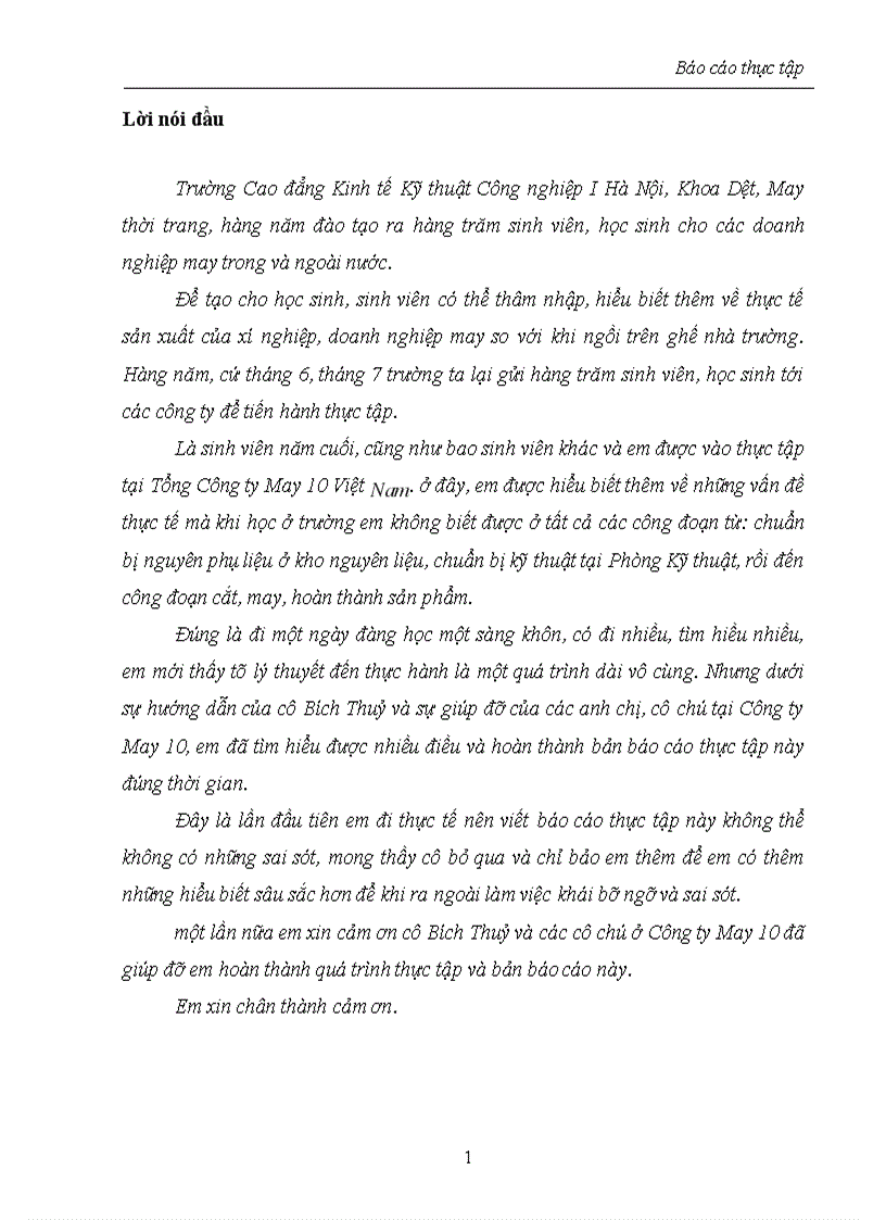 Báo cáo thực tập tổng hợp của Tổng Công ty May 10 Việt Nam
