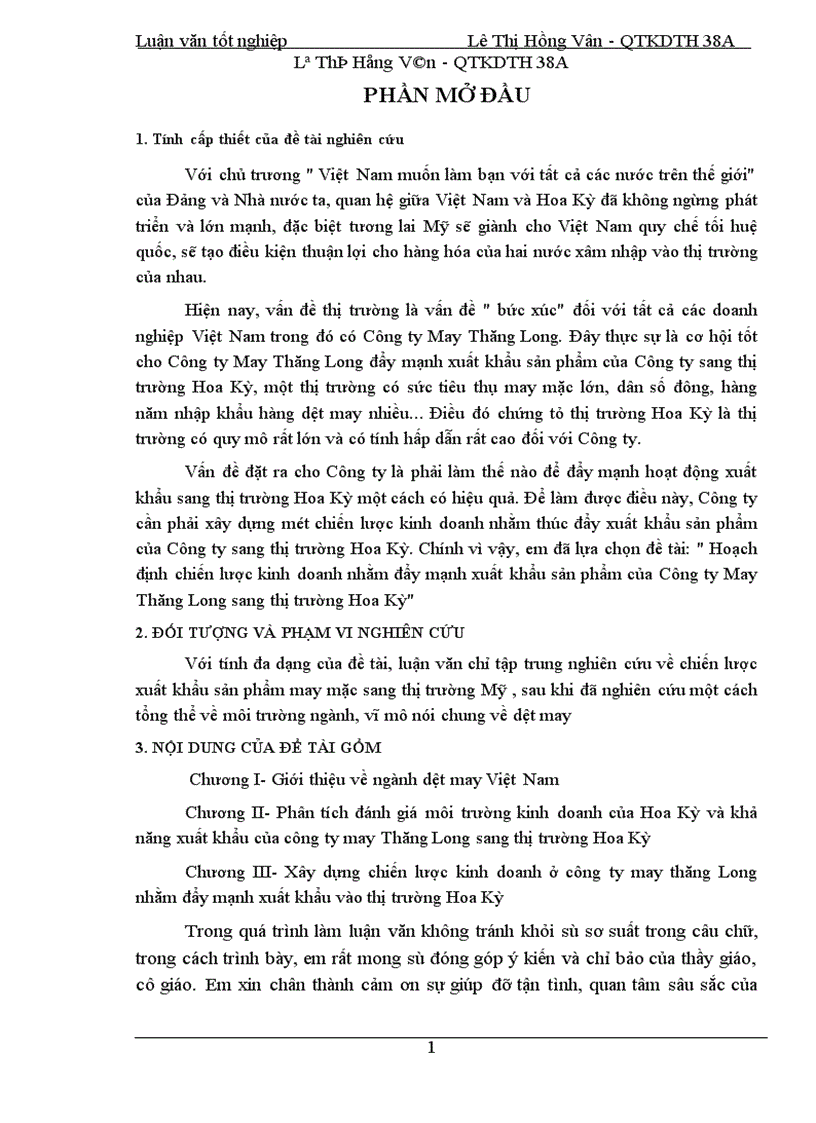 Hoạch định chiến lược kinh doanh nhằm đẩy mạnh xuất khẩu sản phẩm của Công ty May Thăng Long sang thị trường Hoa Kỳ
