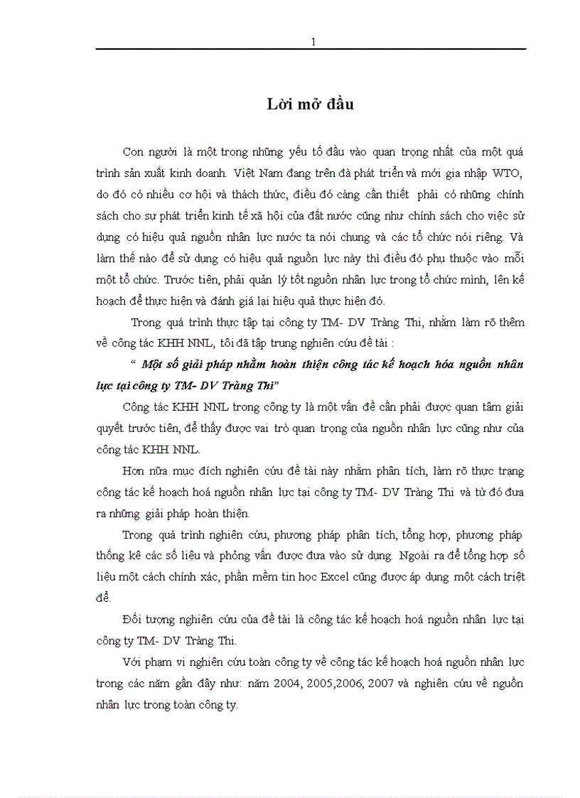 Một số giải pháp nhằm hoàn thiện công tác kế hoạch hóa nguồn nhân lực tại công ty TM DV Tràng Thi 1