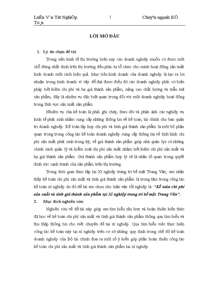 Kế toán chi phí sản xuất và tính giá thành sản phẩm tại Xí nghiệp trang trí bề mặt Trung Văn 1
