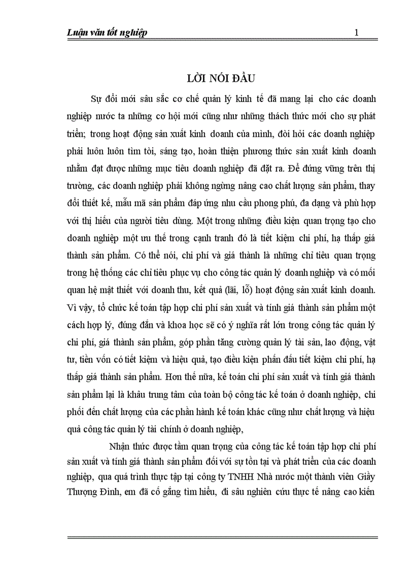 Hoàn thiện công tác kế toán tập hợp chi phí sản xuất và tính giá thành sản phẩm tại công ty TNHH Nhà nước một thành viên Giầy Thượng Đình 1