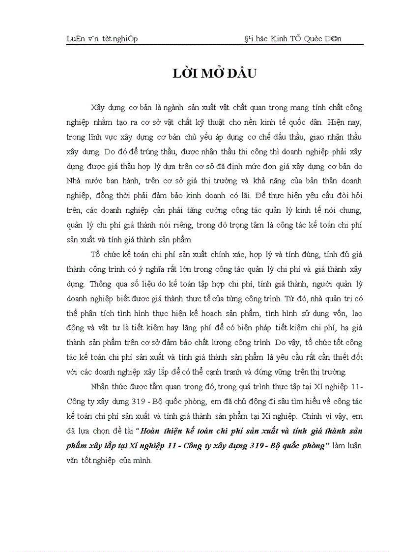 Hoàn thiện kế toán chi phí sản xuất và tính giá thành sản phẩm xây lắp tại Xí nghiệp 11 Công ty xây dựng 319 Bộ quốc phòng 1