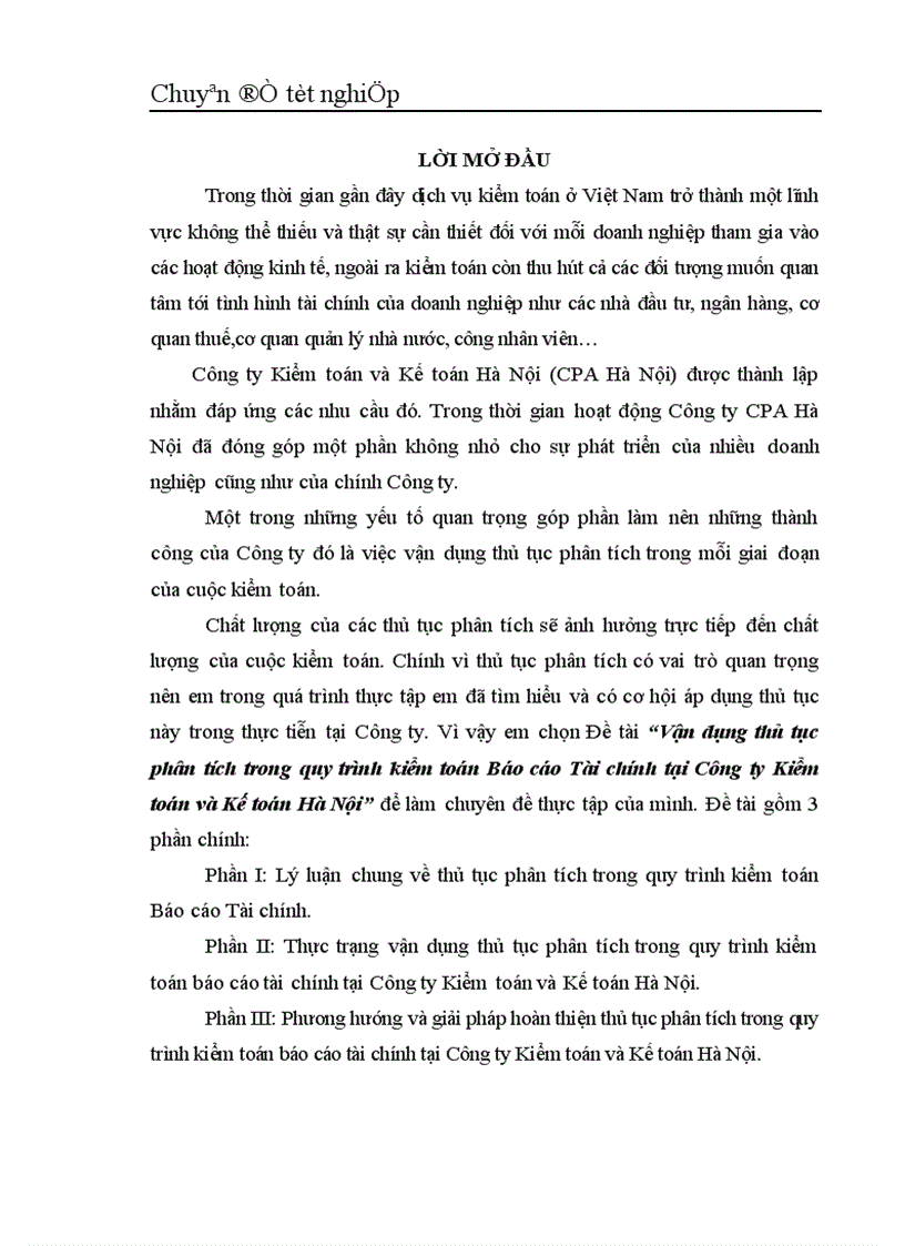 Vận dụng thủ tục phân tích trong quy trình kiểm toán Báo cáo Tài chính tại Công ty Kiểm toán và Kế toán Hà Nội 1