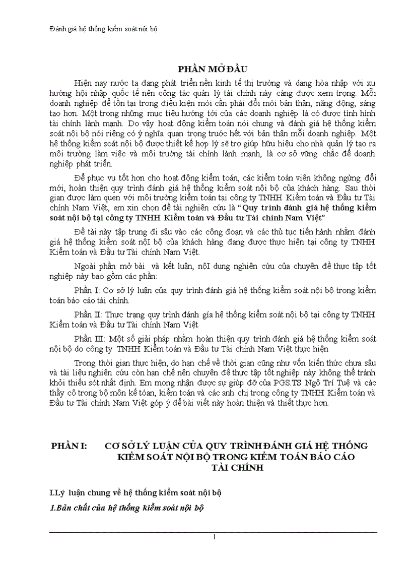 Quy trình đánh giá hệ thống kiểm soát nội bộ tại công ty TNHH Kiểm toán và Đầu tư Tài chính Nam Việt 1