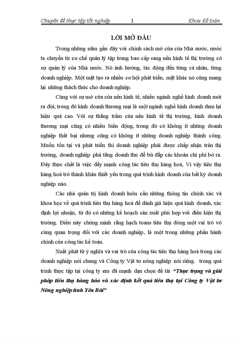 Thực trạng và giải pháp tiêu thụ hàng hóa và xác định kết quả tiêu thụ tại Công ty Vật tư Nông nghiệp tỉnh Yên Bái 1