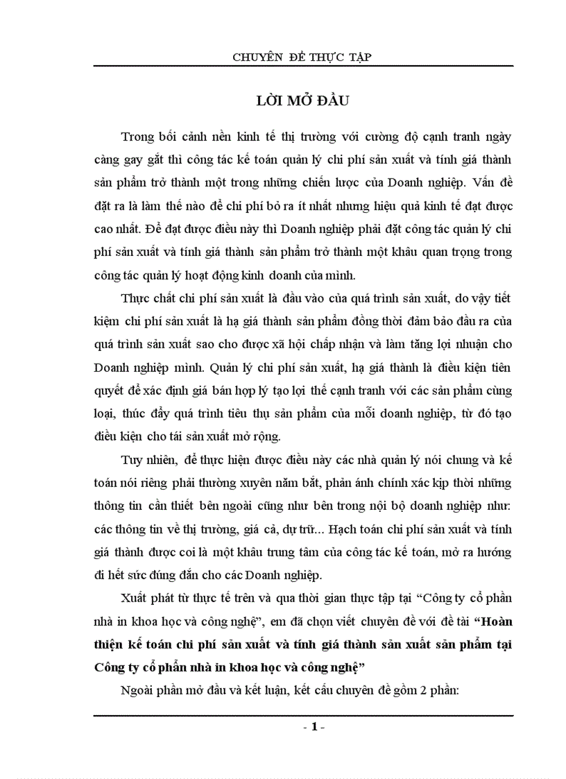 Hoàn thiện kế toán chi phí sản xuất và tính giá thành sản xuất sản phẩm tại Công ty cổ phẩn nhà in khoa học và công nghệ 1