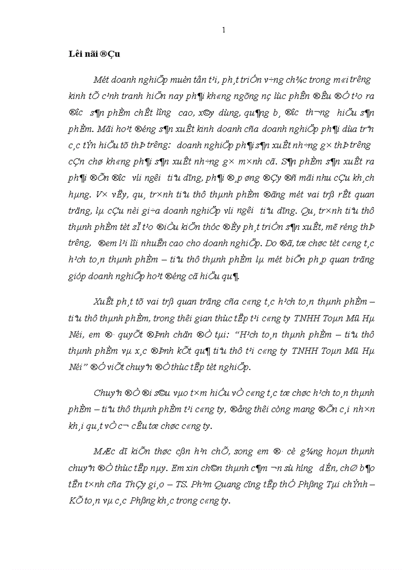 Hạch toán thành phẩm tiêu thụ thành phẩm và xác định kết quả tiêu thụ tại công ty TNHH Toàn Mỹ Hà Nội 1