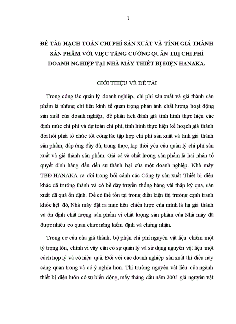 hạch toán chi phí sản xuất và tính giá thành sản phẩm với việc tăng cường quản trị chi phí doanh nghiệp tại nhà máy thiết bị điện hanaka 1