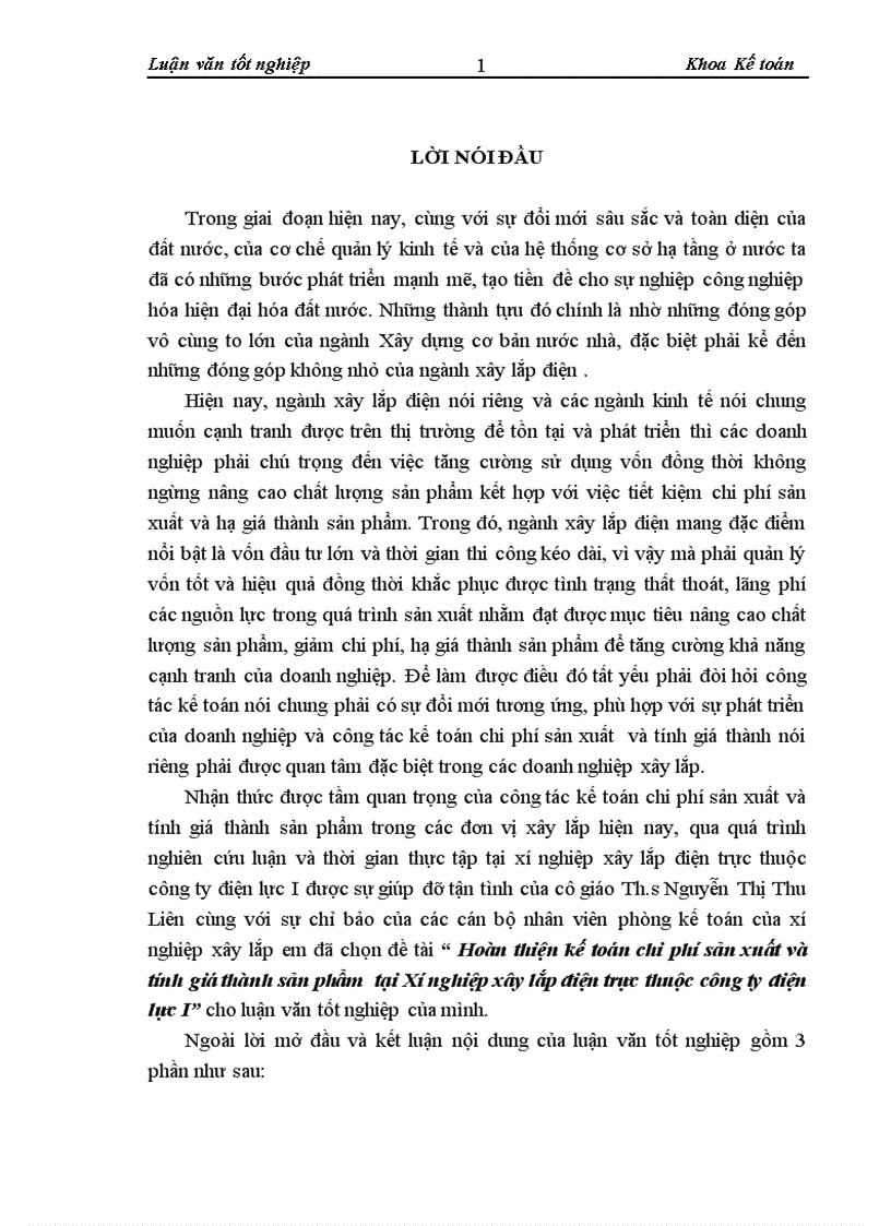 Hoàn thiện kế toán chi phí sản xuất và tính giá thành sản phẩm tại Xí nghiệp xây lắp điện trực thuộc công ty điện lực I 1