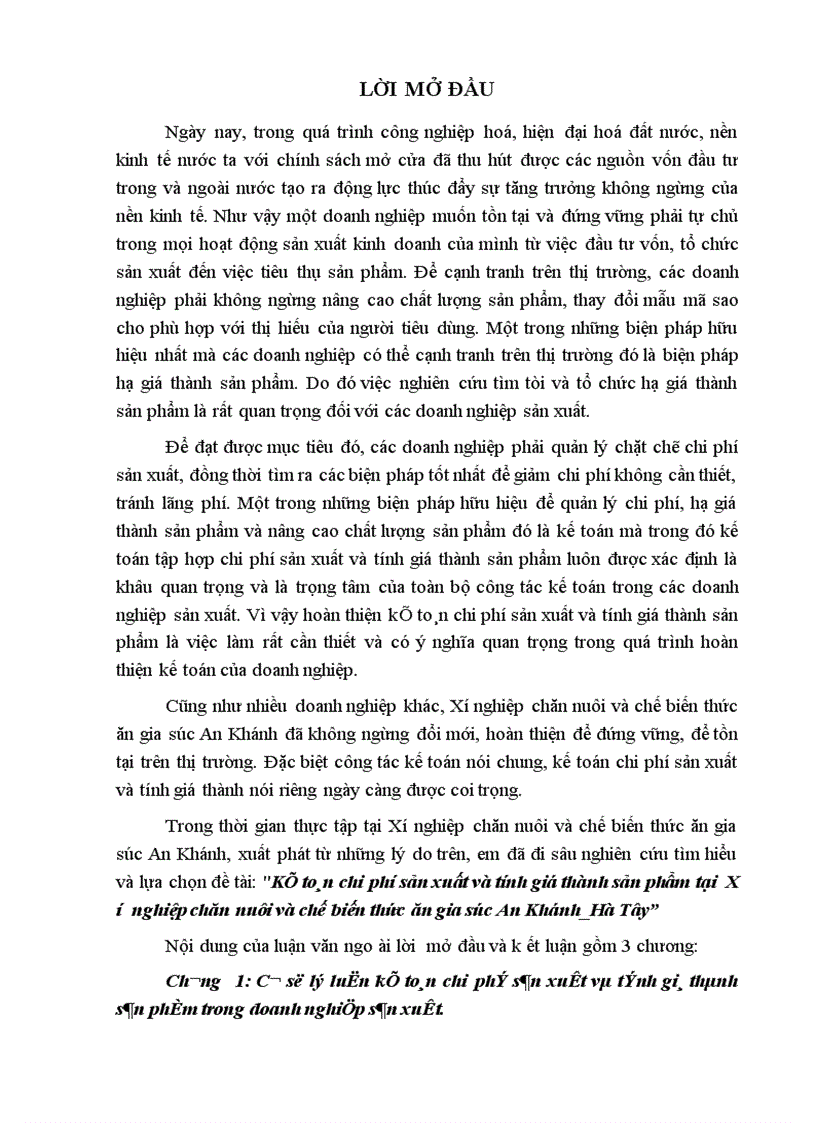 Kế toán chi phớ sản xuất và tớnh giỏ thành sản phẩm tại X ớ nghiệp chăn nuụi và chế biến thức ăn gia sỳc An Khỏnh Hà Tõy 1