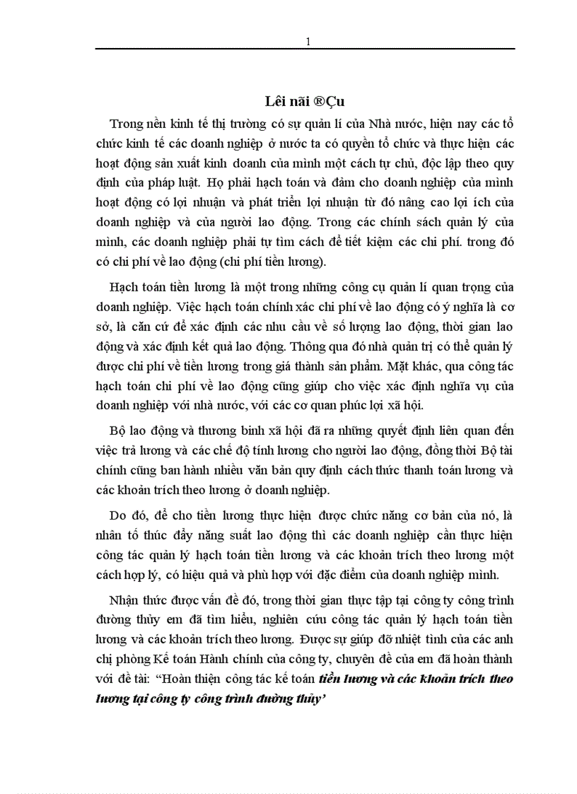 Hoàn thiện công tác kế toán tiền lương và các khoản trích theo lương tại công ty công trình đường thủy 1