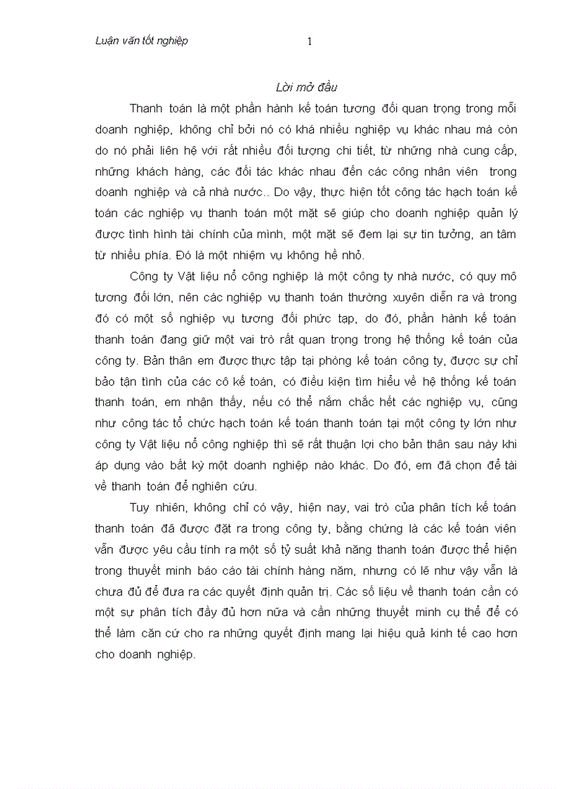 Tổ chức công tác kế toán các nghiệp vụ thanh toán chủ yếu và vai trò của kế toán thanh toán đối với quản trị ở công ty Vật liệu nổ công nghiệp 1