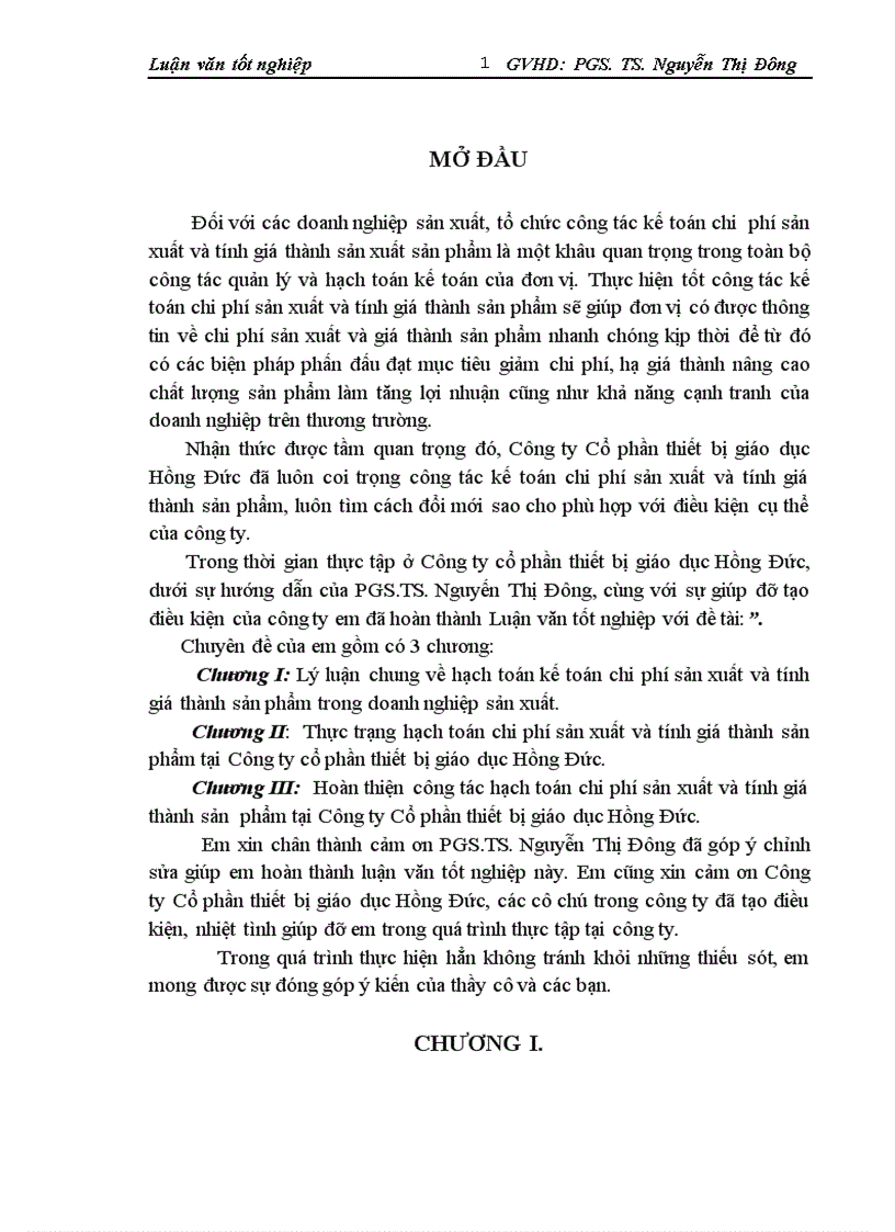Thực trạng hạch toán chi phí sản xuất và tính giá thành sản phẩm tại Công ty cổ phần thiết bị giáo dục Hồng Đức 1