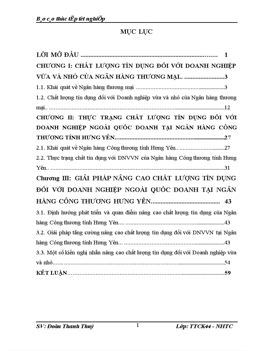 Thực trạng chất lượng tín dụng đối với doanh nghiệp ngoài quốc doanh tại ngân hàng công thương tỉnh hưng yên