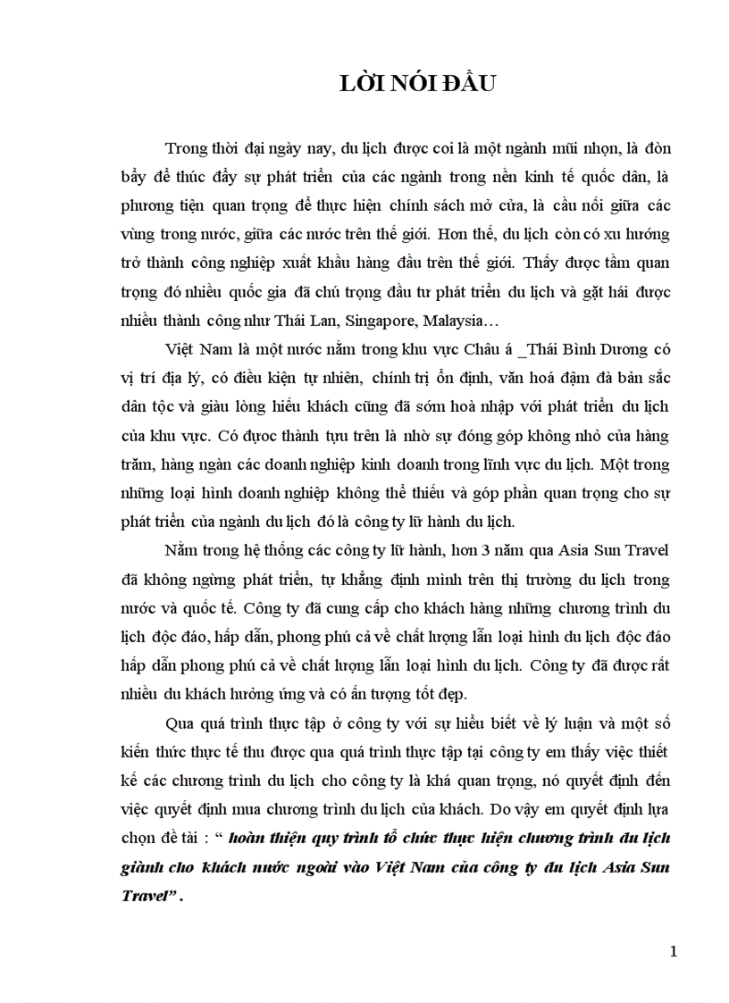 hoàn thiện quy trình tổ chức thực hiện chương trình du lịch giành cho khách nước ngoài vào Việt Nam của công ty du lịch Asia Sun Travel