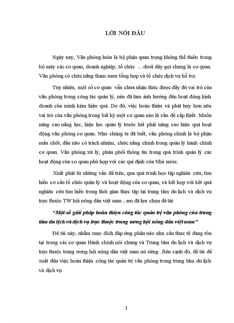 Một số giải pháp hoàn thiện công tác quản trị văn phòng của trung tâm du lịch và dịch vụ trực thuộc trung ương hội nông dân việt nam