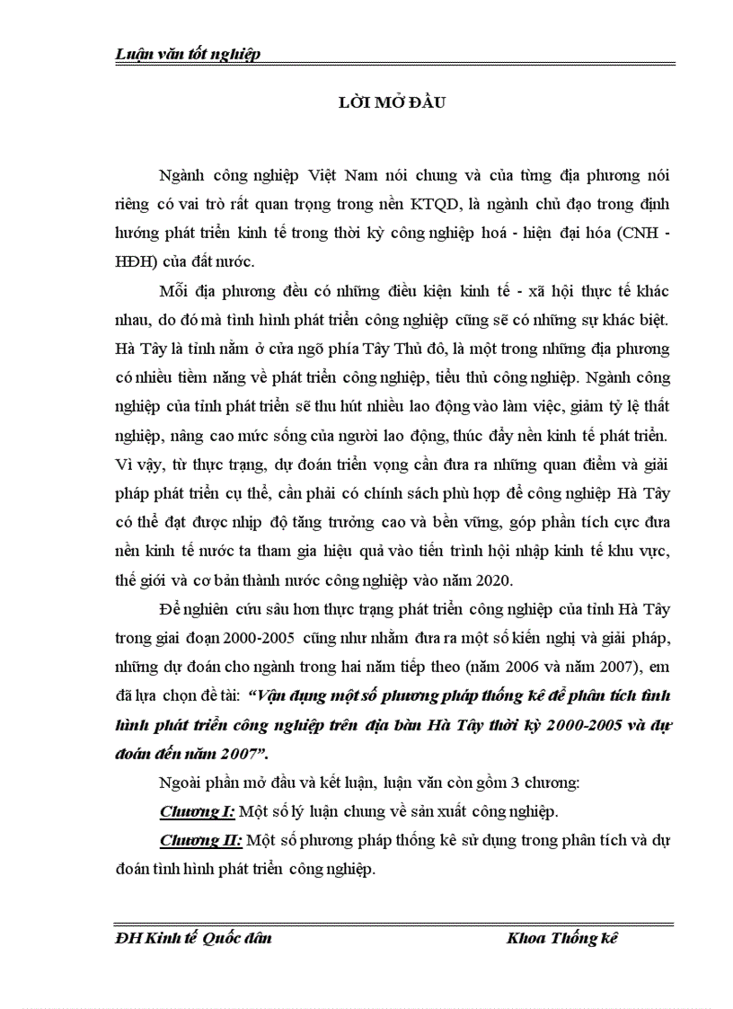 Vận dụng một số phương pháp thống kê để phân tích tình hình phát triển công nghiệp trên địa bàn Hà Tây thời kỳ 2000 2005 và dự đoán đến năm 2007