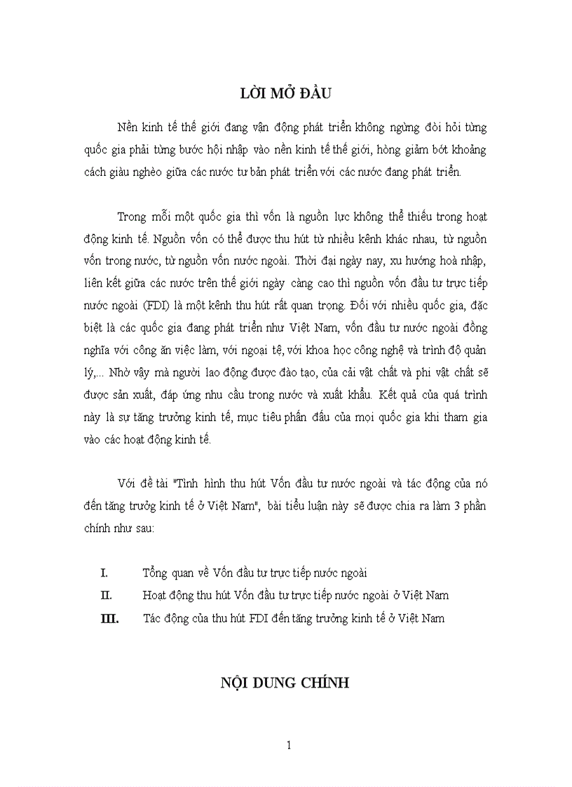 Tình hình thu hút Vốn đầu tư nước ngoài và tác động của nó đến tăng trưởg kinh tế ở Việt Nam