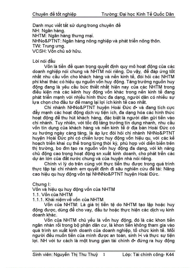 Nâng cao hiệu qu huy động vốn tại NHNNo PTNT huyện Hoài Đức