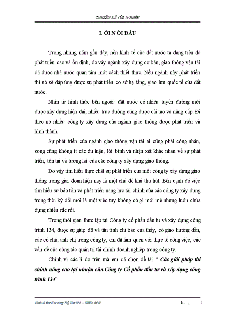 Các giải pháp tài chính nâng cao lợi nhuận của Công ty Cổ phần đầu tư và xây dựng công trình 134 1