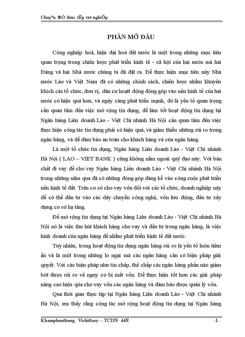 Giải pháp mở rộng tín dụng tại Ngân hàng Liên doanh Lào Việt Chi nhánh Hà Nội