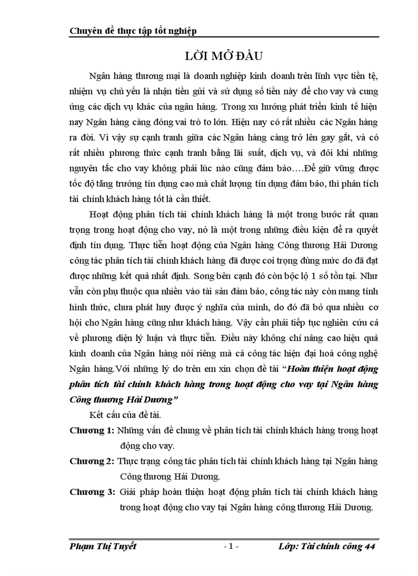 Hoàn thiện hoạt động phân tích tài chính khách hàng trong hoạt động cho vay tại Ngân hàng Công thương Hải Dương 1