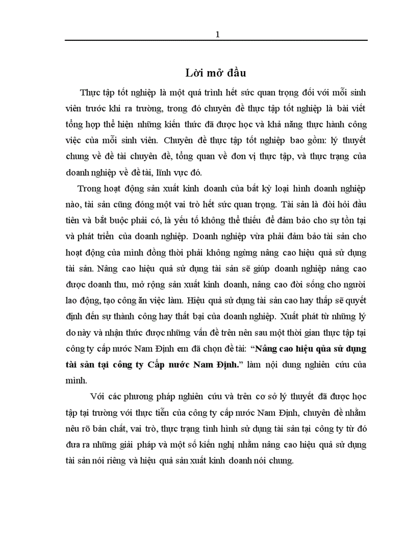 Nâng cao hiệu quả sử dụng tài sản tại công ty Cấp nước Nam Định 1