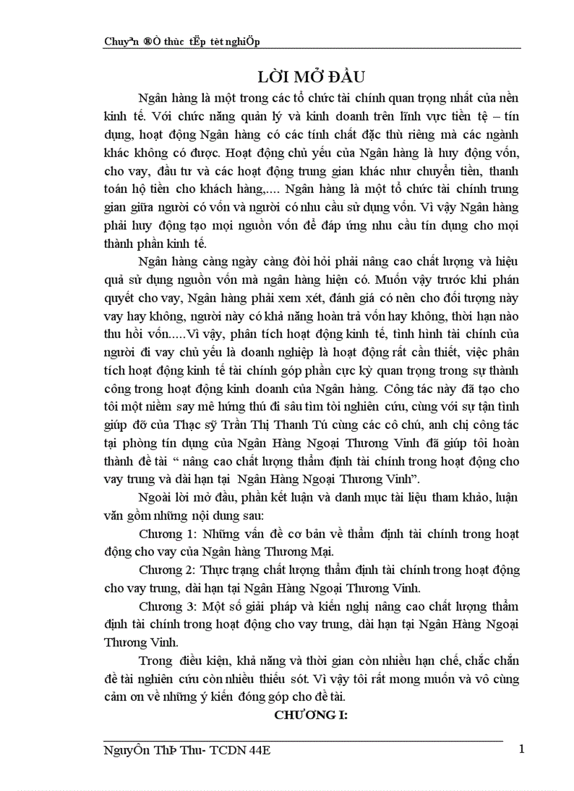 nâng cao chất lượng thẩm định tài chính trong hoạt động cho vay trung và dài hạn tại Ngân Hàng Ngoại Thương Vinh