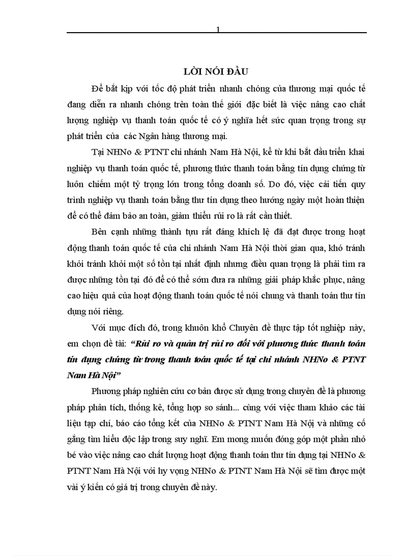 Rủi ro và quản trị rủi ro đối với phương thức thanh toán tín dụng chứng từ trong thanh toán quốc tế tại chi nhánh NHNo PTNT Nam Hà Nội