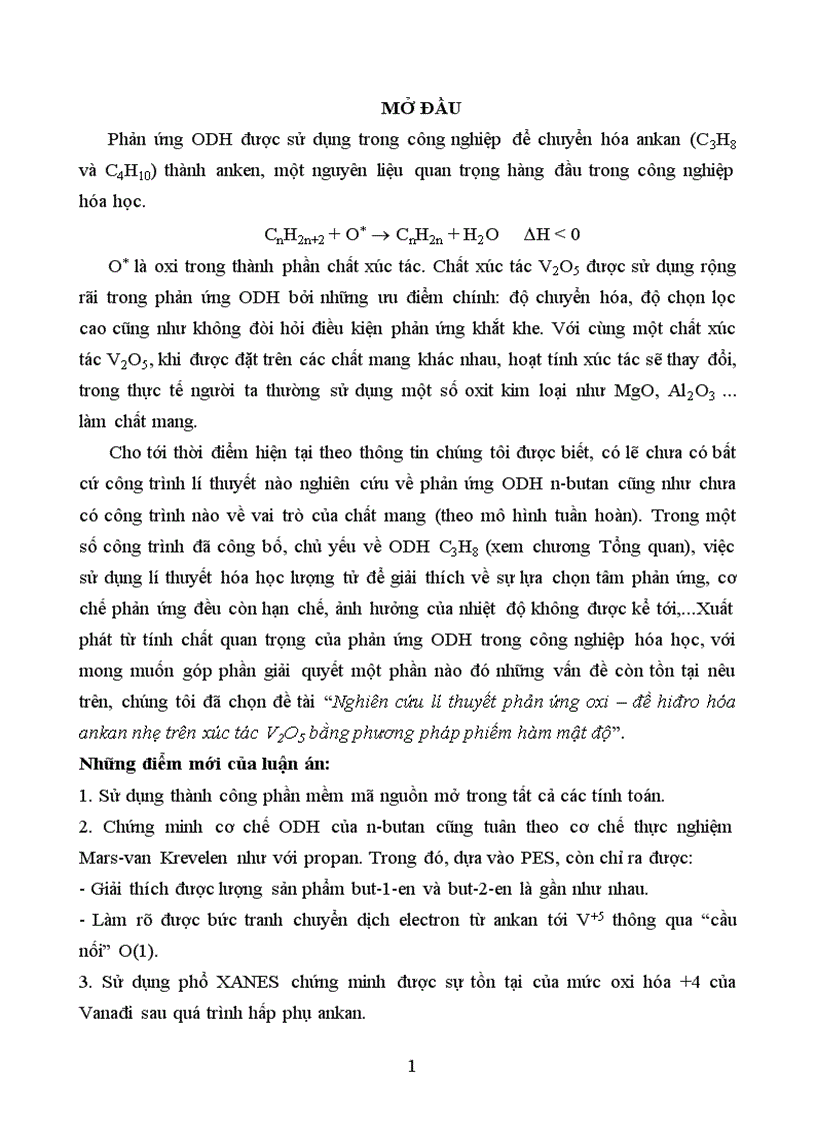 Nghiên cứu lí thuyết phản ứng oxi đề hiđro hóa ankan nhẹ trên xúc tác V2O5 bằng phương pháp phiếm hàm mật độ