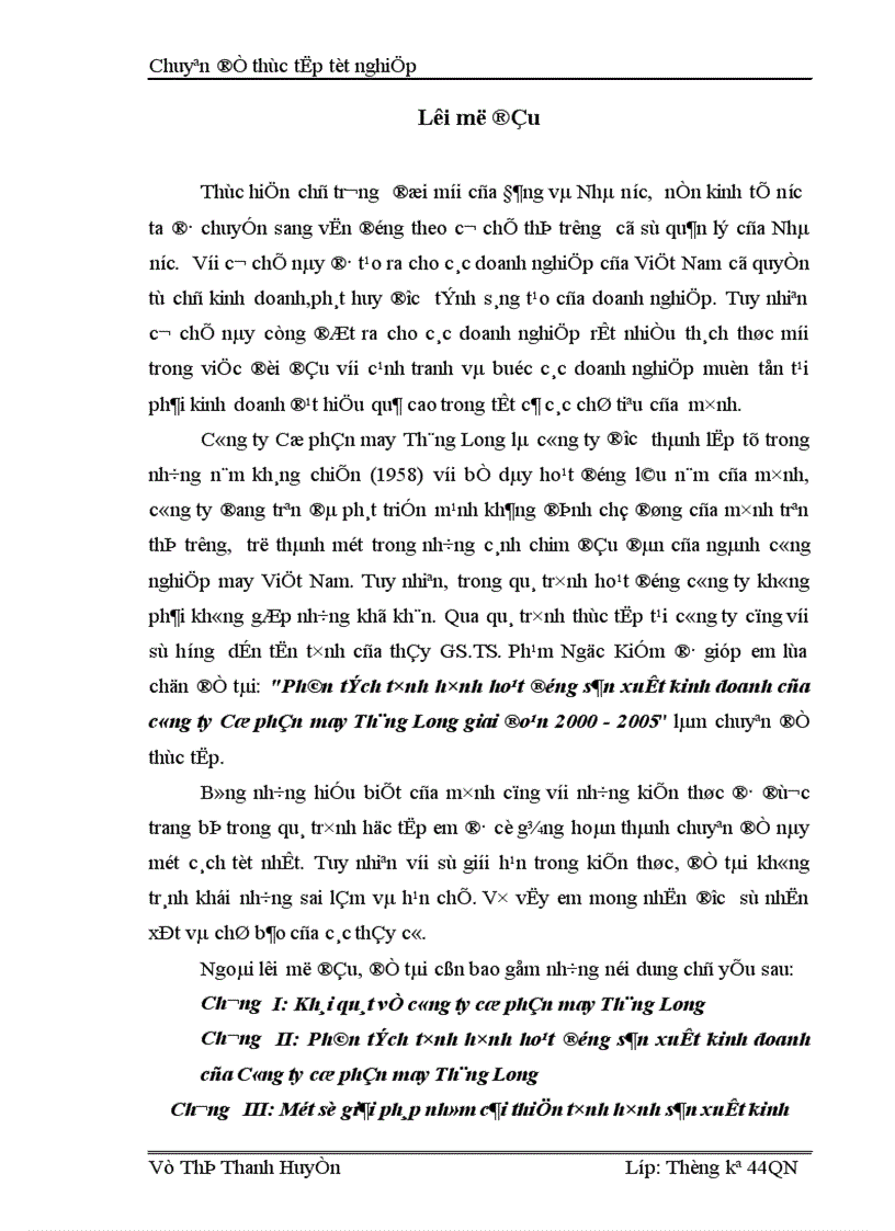 Phân tích tình hình hoạt động sản xuất kinh doanh của công ty Cổ phần may Thăng Long giai đoạn 2000 2005 1