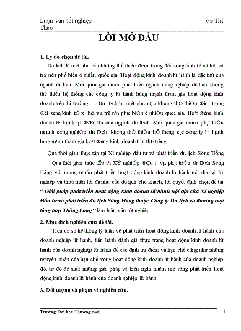 Giải pháp phát triển hoạt động kinh doanh lữ hành nội địa của Xí nghiệp Đầu tư và phát triển du lịch Sông Hồng thuộc Công ty Du lịch và thương mại tổng hợp Thăng Long 1