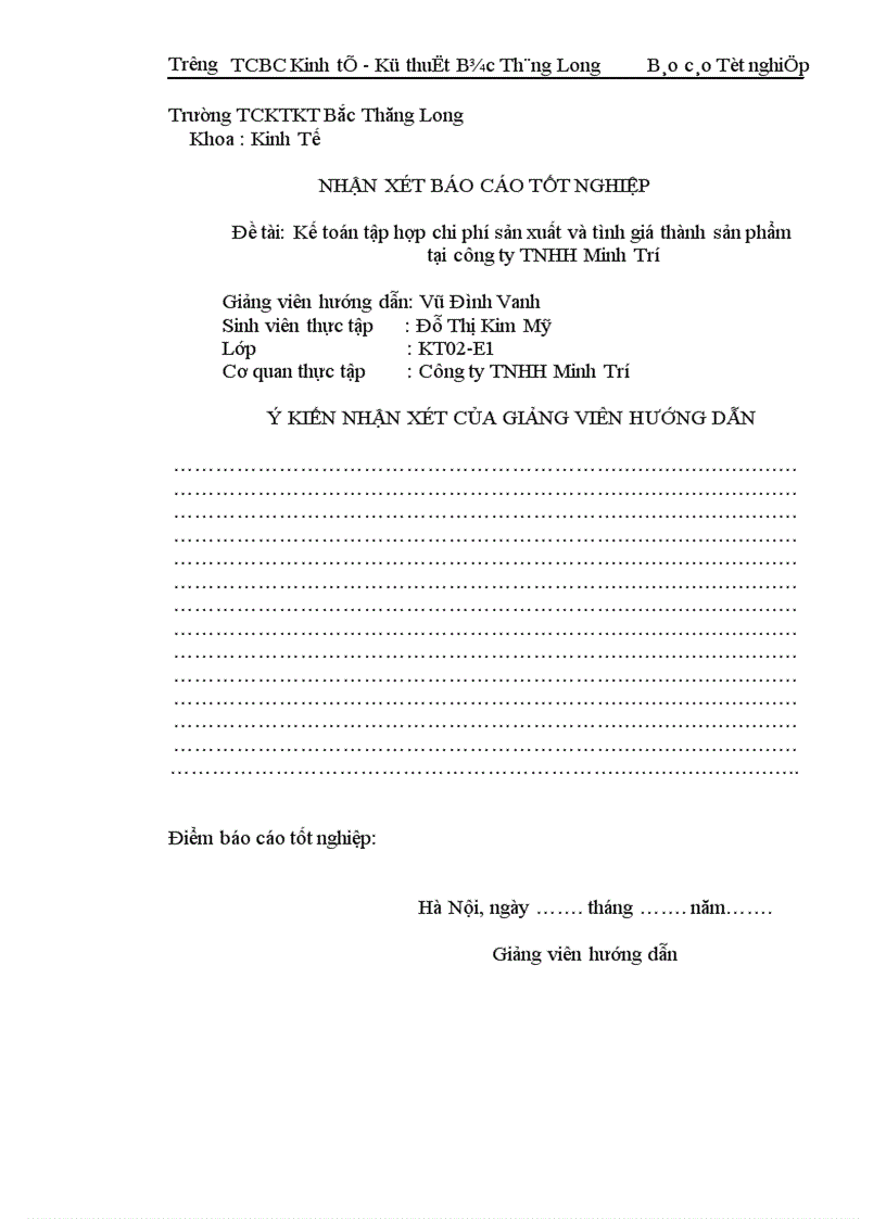 Kế toỏn tập hợp chi phớ sản xuất và tỡnh giỏ thành sản phẩm tại cụng ty TNHH Minh Trớ