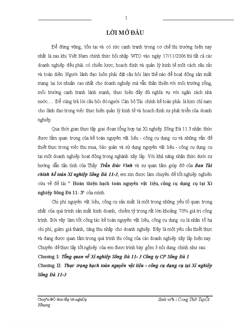 Hoàn thiện hạch toán nguyên vật liệu công cụ dụng cụ tại Xí nghiệp Sông Đà 11 3 1