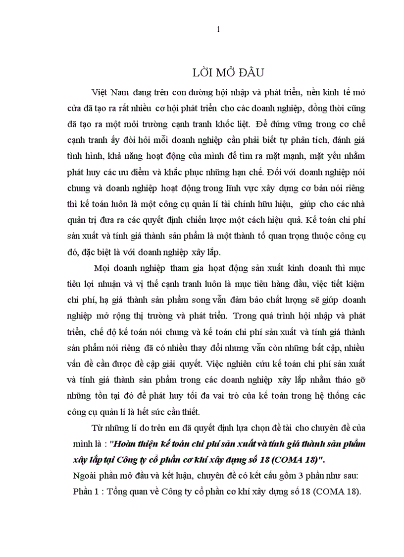 Hoàn thiện kế toán chi phí sản xuất và tính giá thành sản phẩm xây lắp tại Công ty cổ phần cơ khí xây dựng số 18 COMA 18 1