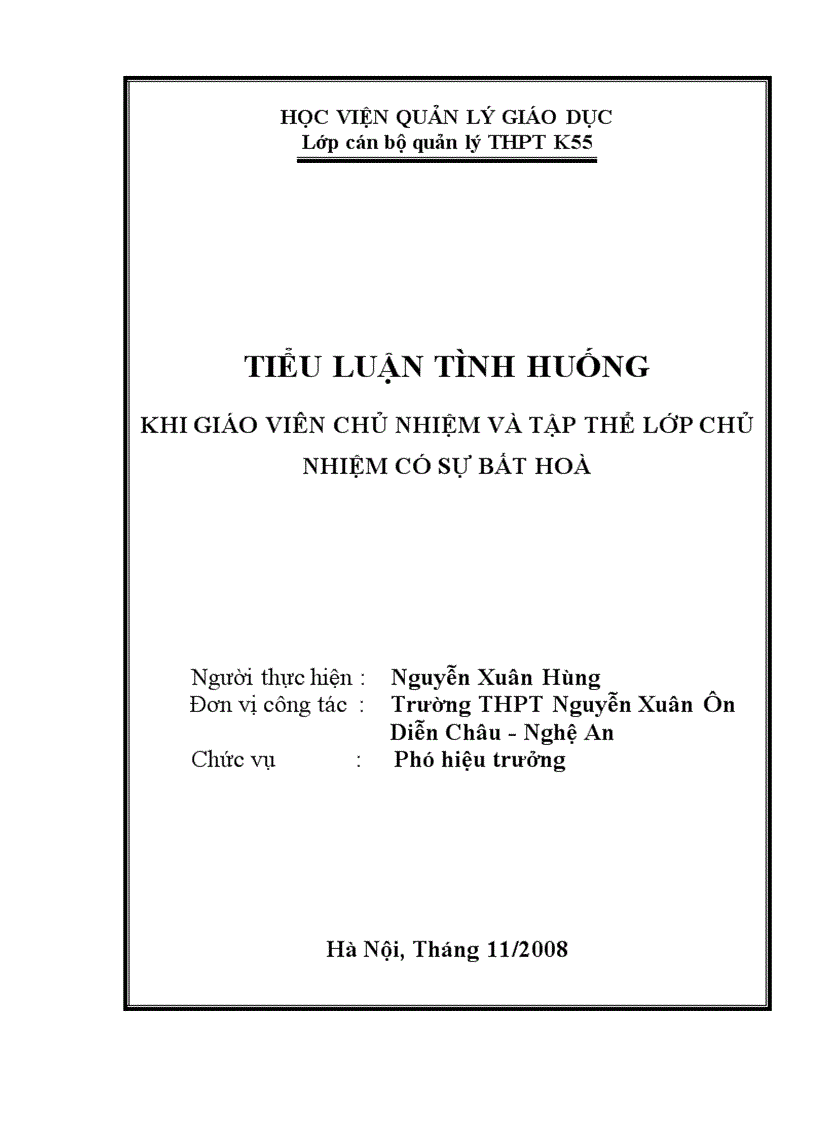 Tiểu luận tình huống khi giáo viên chủ nhiệm và tập thể lớp chủ nhiệm có sự bất hoà