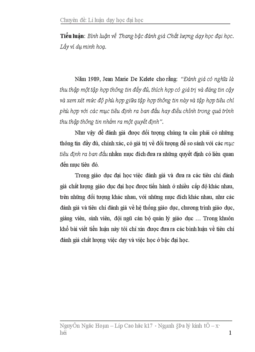 Bình luận về Thang bậc đánh giá Chất lượng dạy học đại học Lấy ví dụ minh hoạ