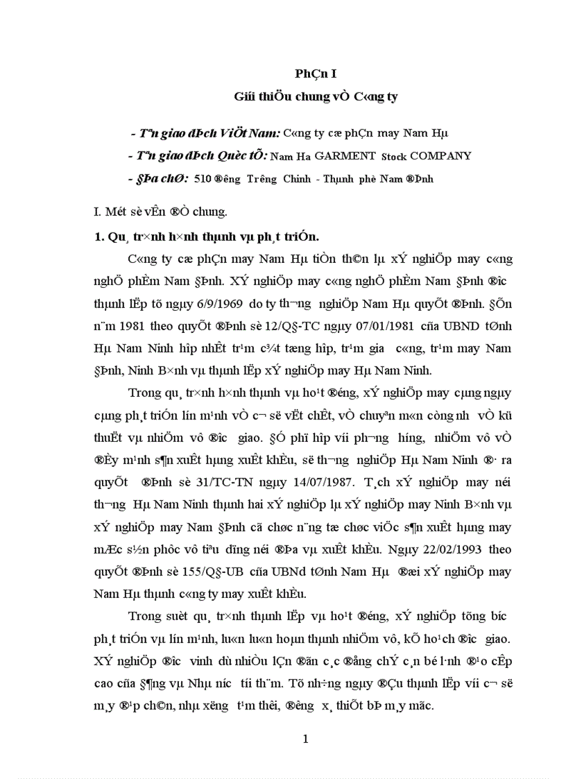 Báo cáo thực tập tại Công ty cổ phần may Nam Hà 1