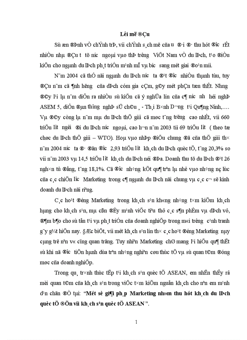 Một số giải pháp Marketing nhằm thu hút khách du lịch quốc tế đến với khách sạn quốc tế ASEAN 1