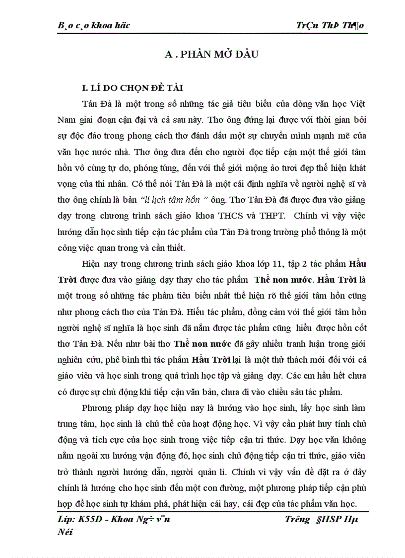 Những phương pháp biện pháp hướng dẫn học sinh đọc hiểu tác phẩm Hầu Trời từ phong cách tác giả Tản Đà