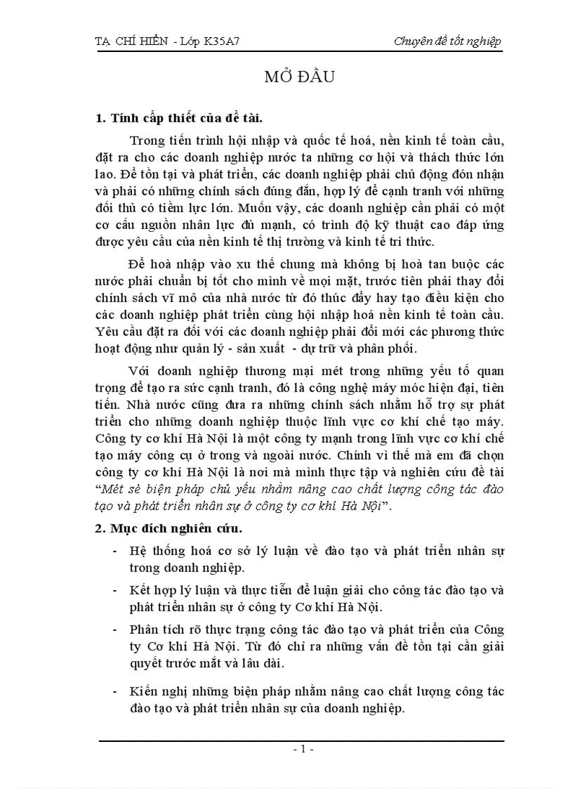Một số biện pháp chủ yếu nhằm nâng cao chất lượng công tác đào tạo và phát triển nhân sự ở công ty cơ khí Hà Nội 1