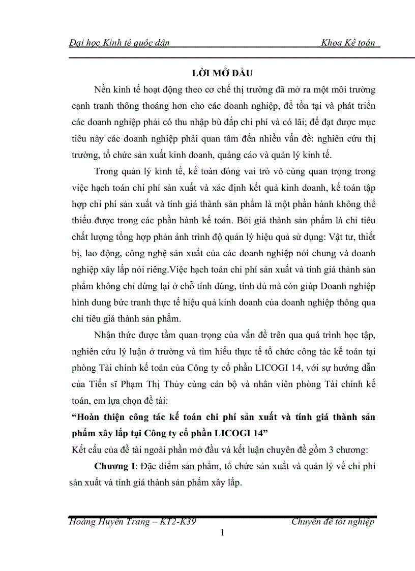 Hoàn thiện công tác kế toán chi phí sản xuất và tính giá thành sản phẩm xây lắp tại Công ty cổ phần LICOGI 14 1