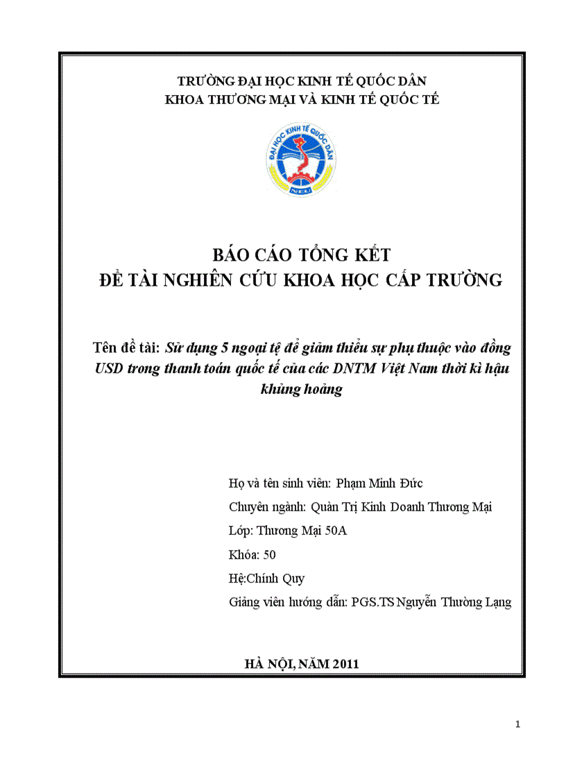 Sử dụng 5 ngoại tệ để giảm thiểu sự phụ thuộc vào đồng USD trong thanh toán quốc tế của các DNTM Việt Nam thời kì hậu khủng hoảng