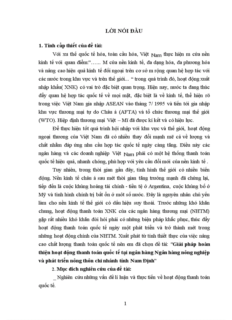 Giải pháp hoàn thiện hoạt động thanh toán quốc tế tại ngân hàng Ngân hàng nông nghiệp và phát triển nông thôn chi nhánh tỉnh Nam Định