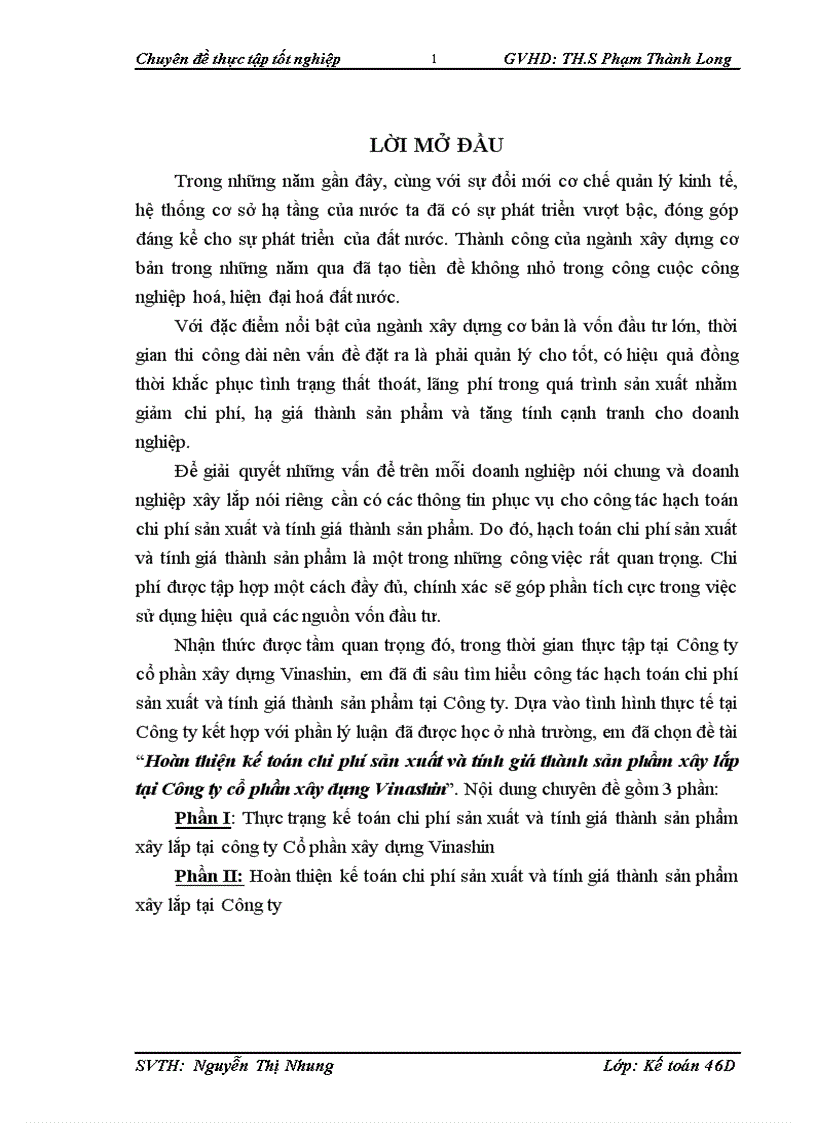 Hoàn thiện kế toỏn chi phớ sản xuất và tớnh giỏ thành sản phẩm xõy lắp tại Cụng ty cổ phần xõy dựng Vinashin